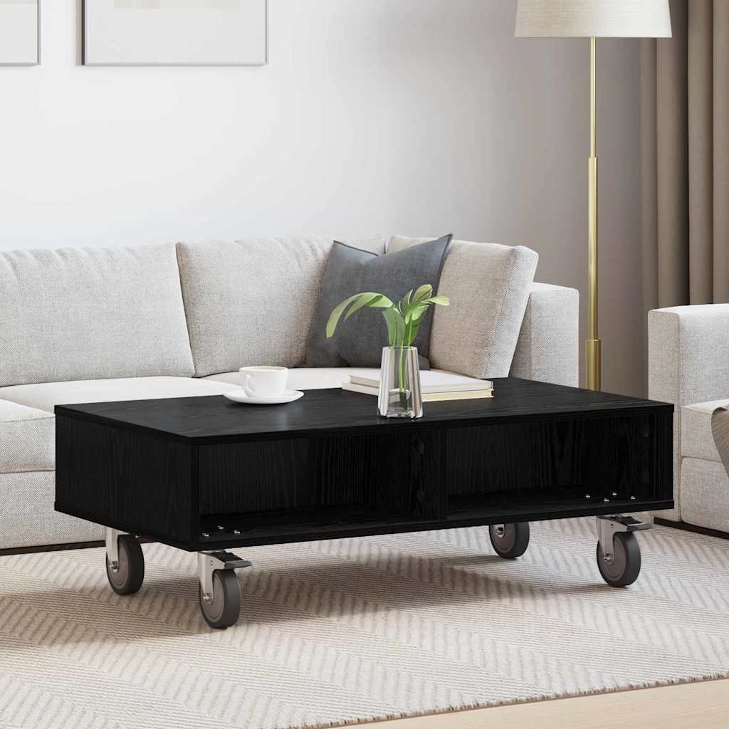Side Table with Wheels Black Oak 90 x 50 x 30 cm