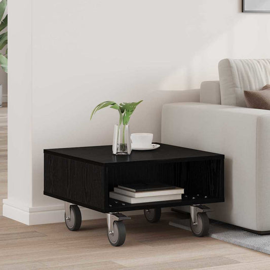 Side Table with Wheels Black Oak 50.5 x 50 x 30 cm