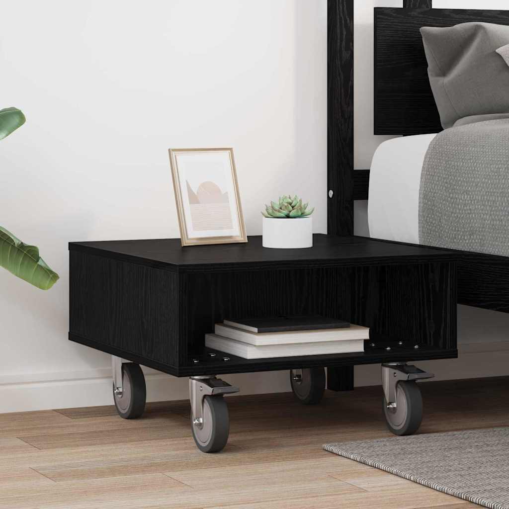 Side Table with Wheels Black Oak 50.5 x 50 x 30 cm