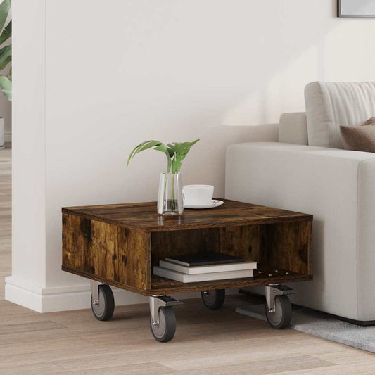 Side Table with Wheels Smoked Oak 50.5 x 50 x 30 cm