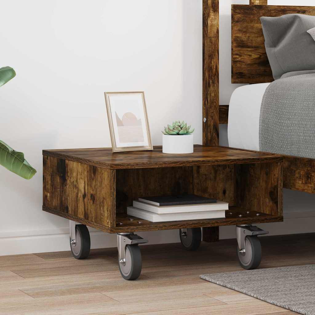 Side Table with Wheels Smoked Oak 50.5 x 50 x 30 cm