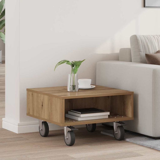 Side Table with Wheels Artisan Oak 50.5 x 50 x 30 cm
