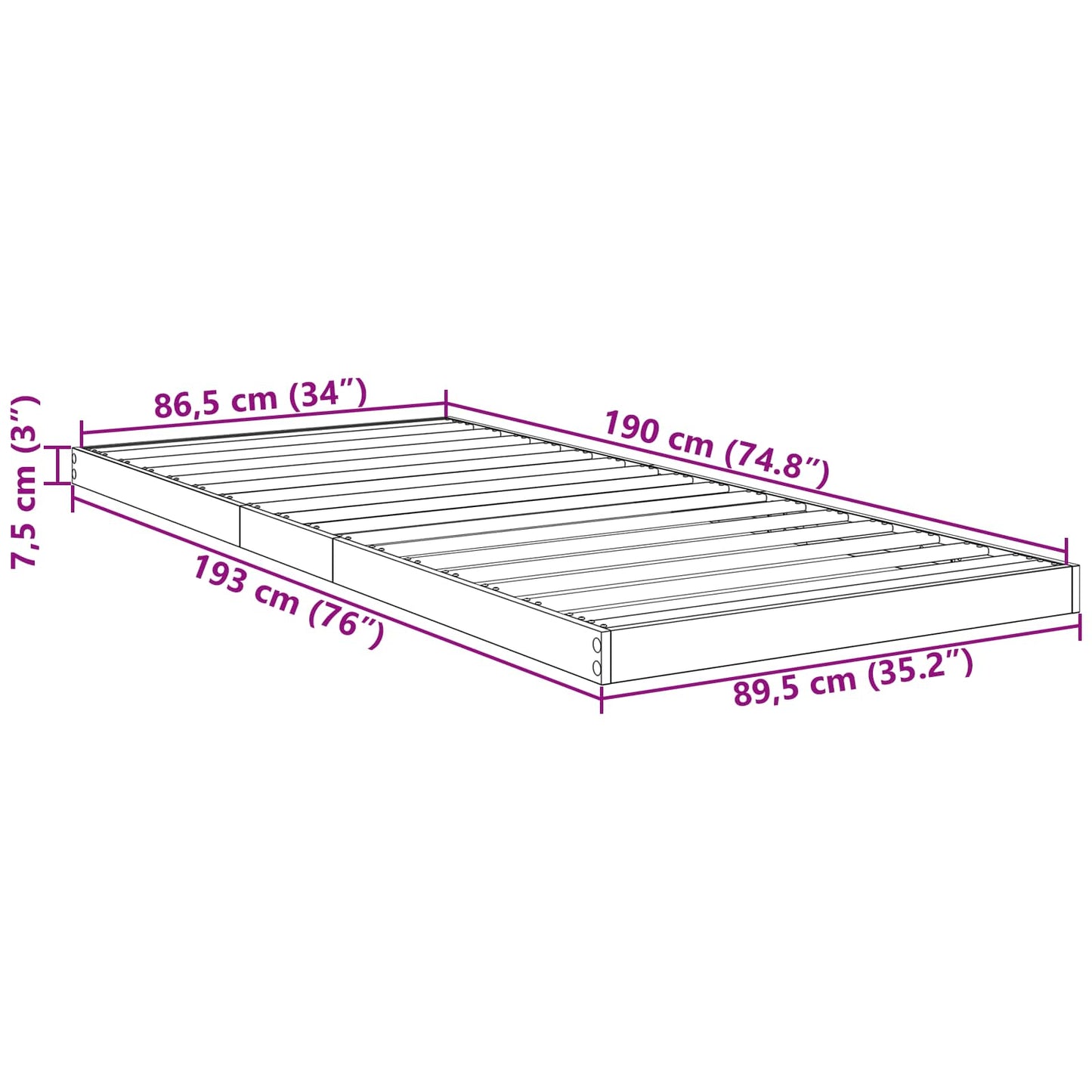 Floor Bed Frame Grey Sonoma 90 x 190 cm Engineered Wood