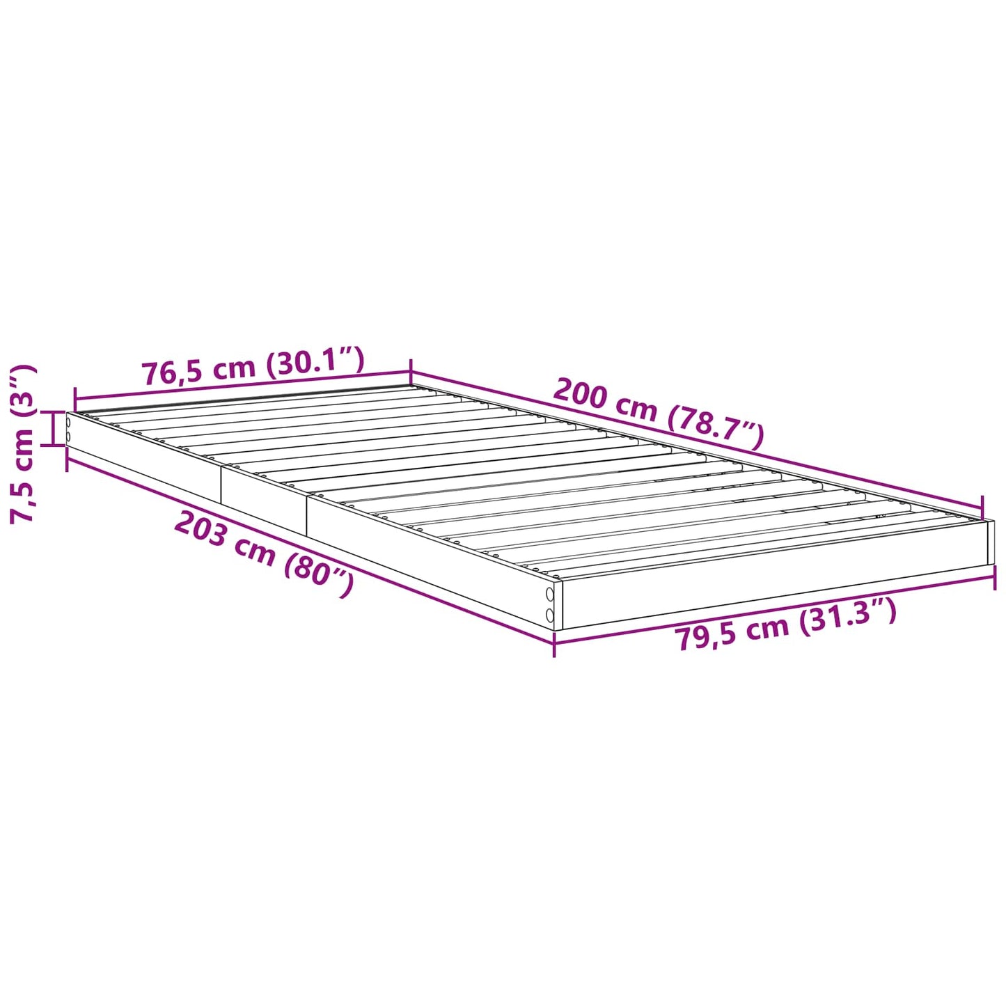 Floor Bed Frame Black Oak 80 x 200 cm Engineered Wood