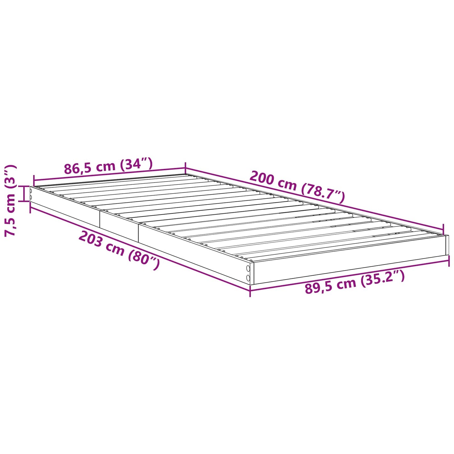 Floor Bed Frame Black Oak 90 x 200 cm Engineered Wood