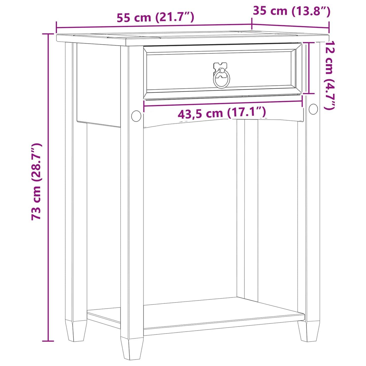 Console table with Drawer White 55 x 35 x 73 cm Solid Pine Wood