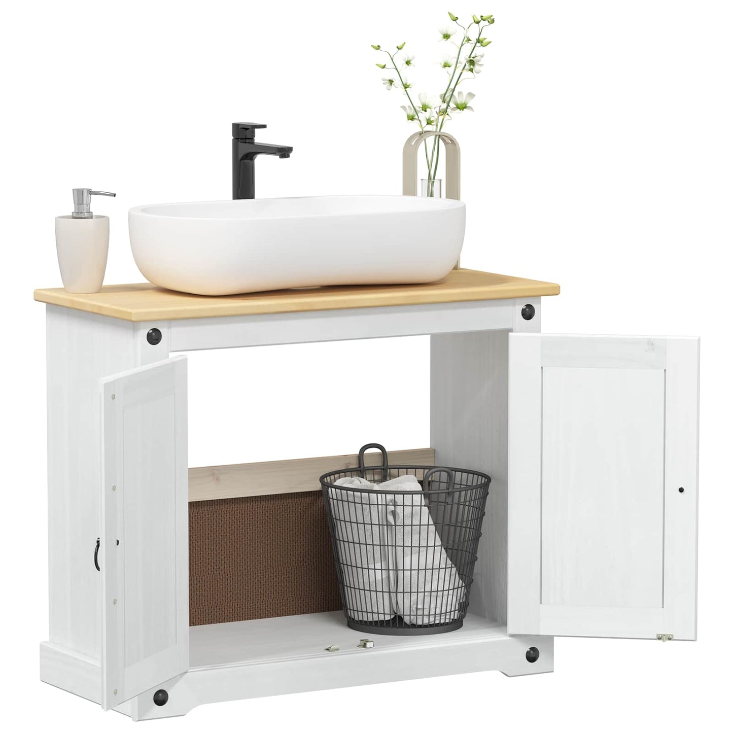 Sink cabinet with Shelf White 73 x 33 x 60 cm Solid Pine Wood