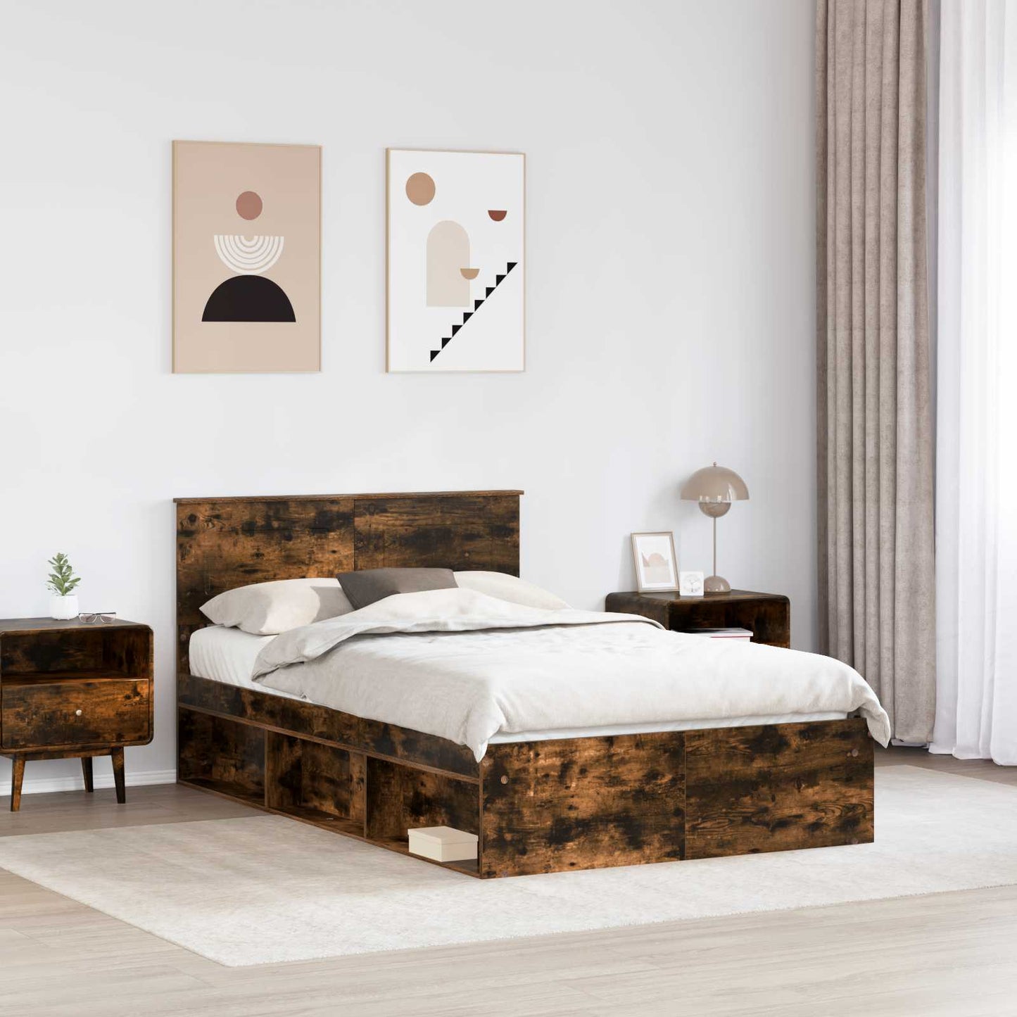 Bed Frame Smoked Oak 135 x 190 cm Engineered wood