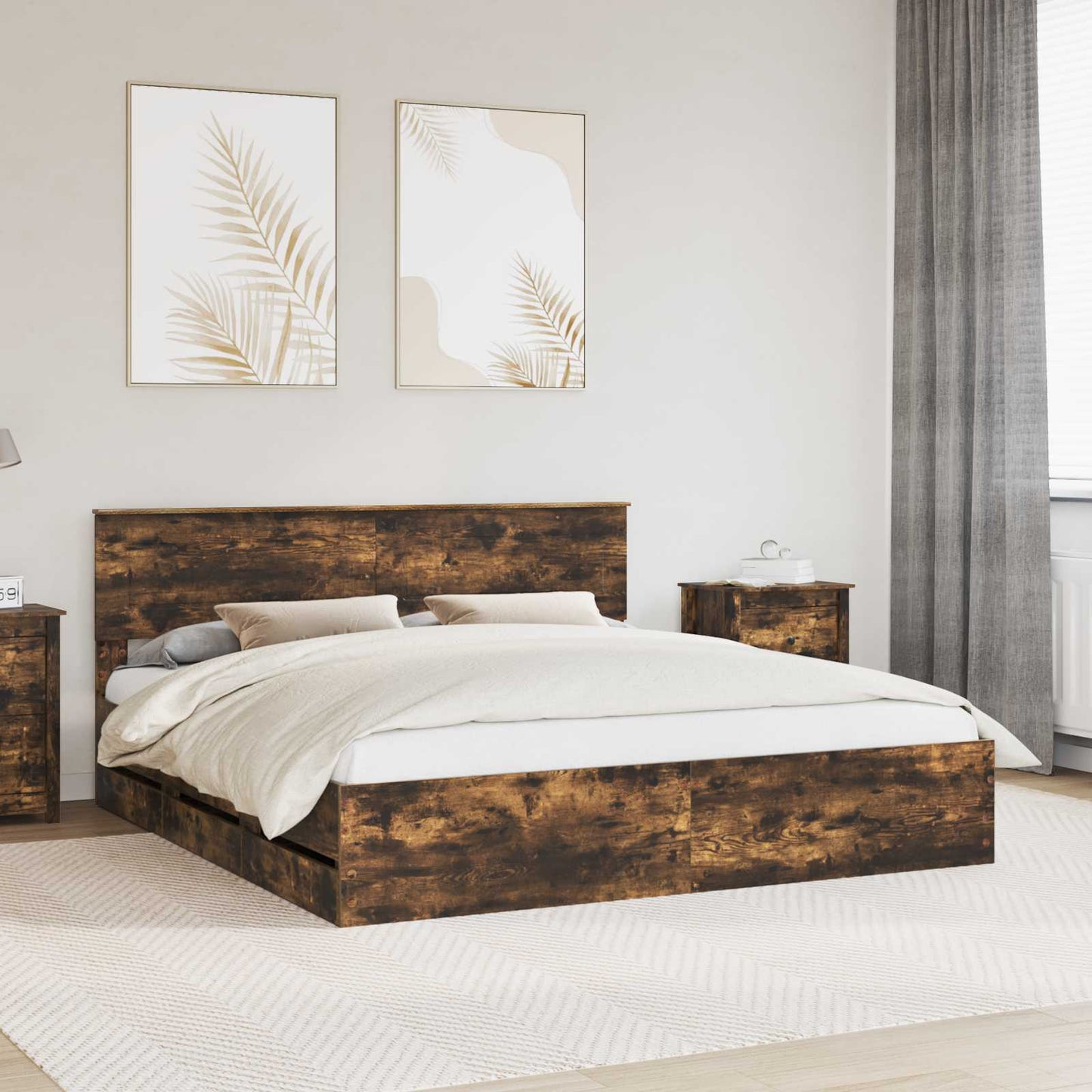 Bed Frame with Drawer Smoked Oak 180 x 200 cm Engineer Wood