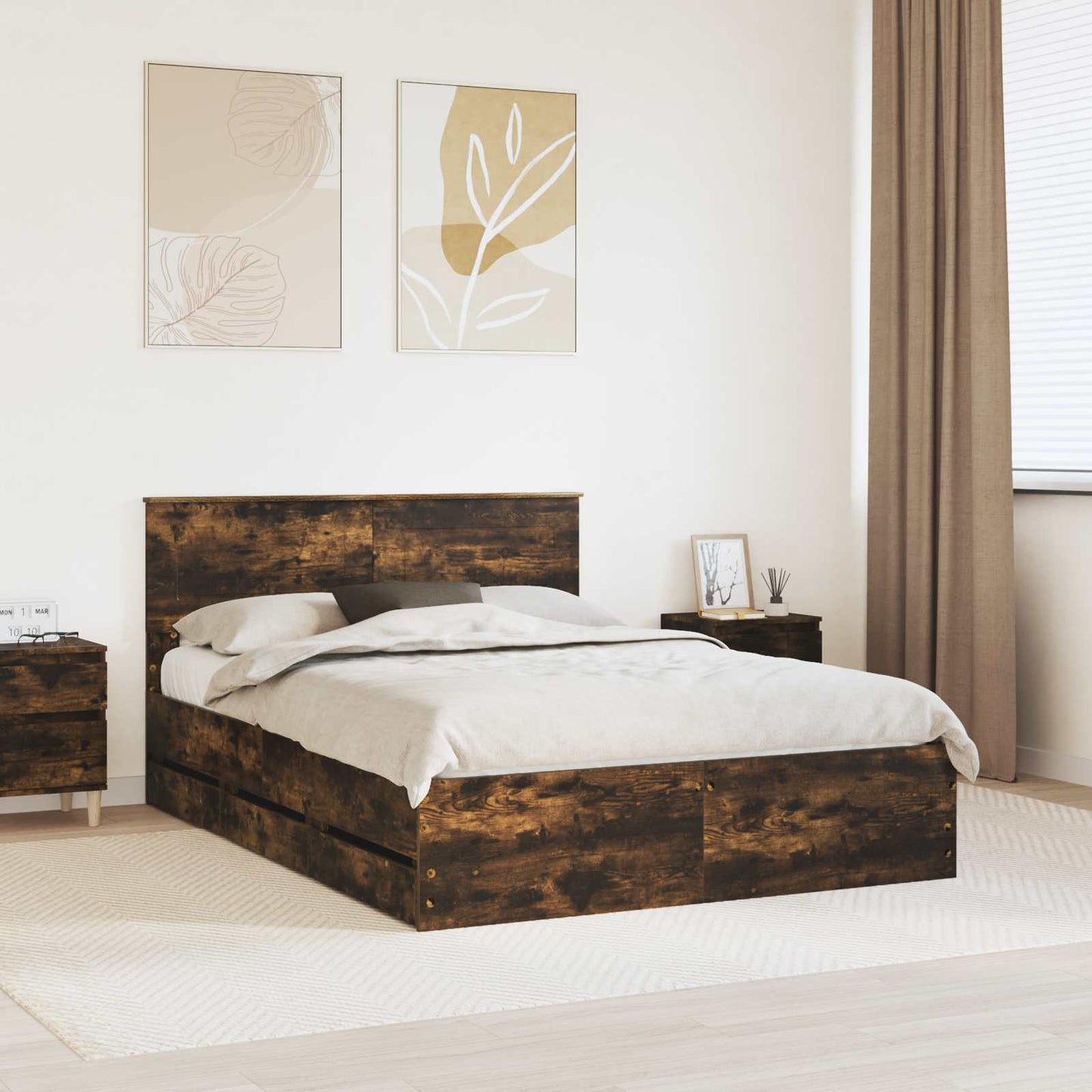 Bed Frame with Drawer Smoked Oak 160 x 200 cm Engineer Wood