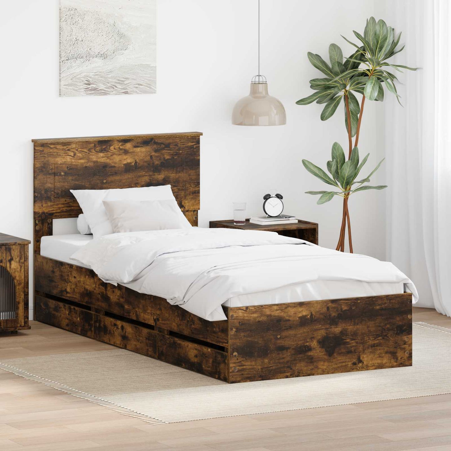 Bed Frame with Drawer Smoked Oak 100 x 200 cm Engineer Wood