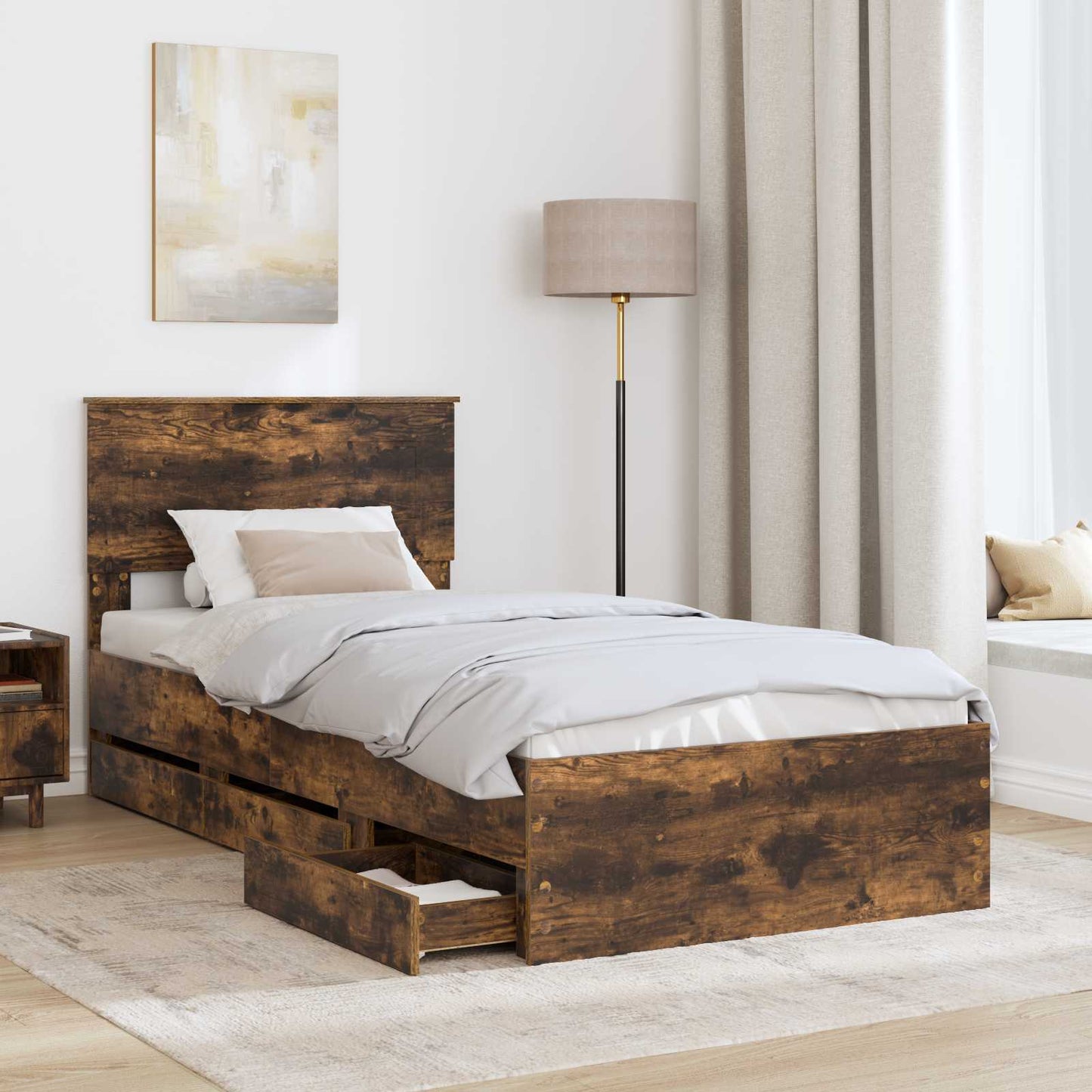 Bed Frame with Drawer Smoked Oak 100 x 200 cm Engineer Wood