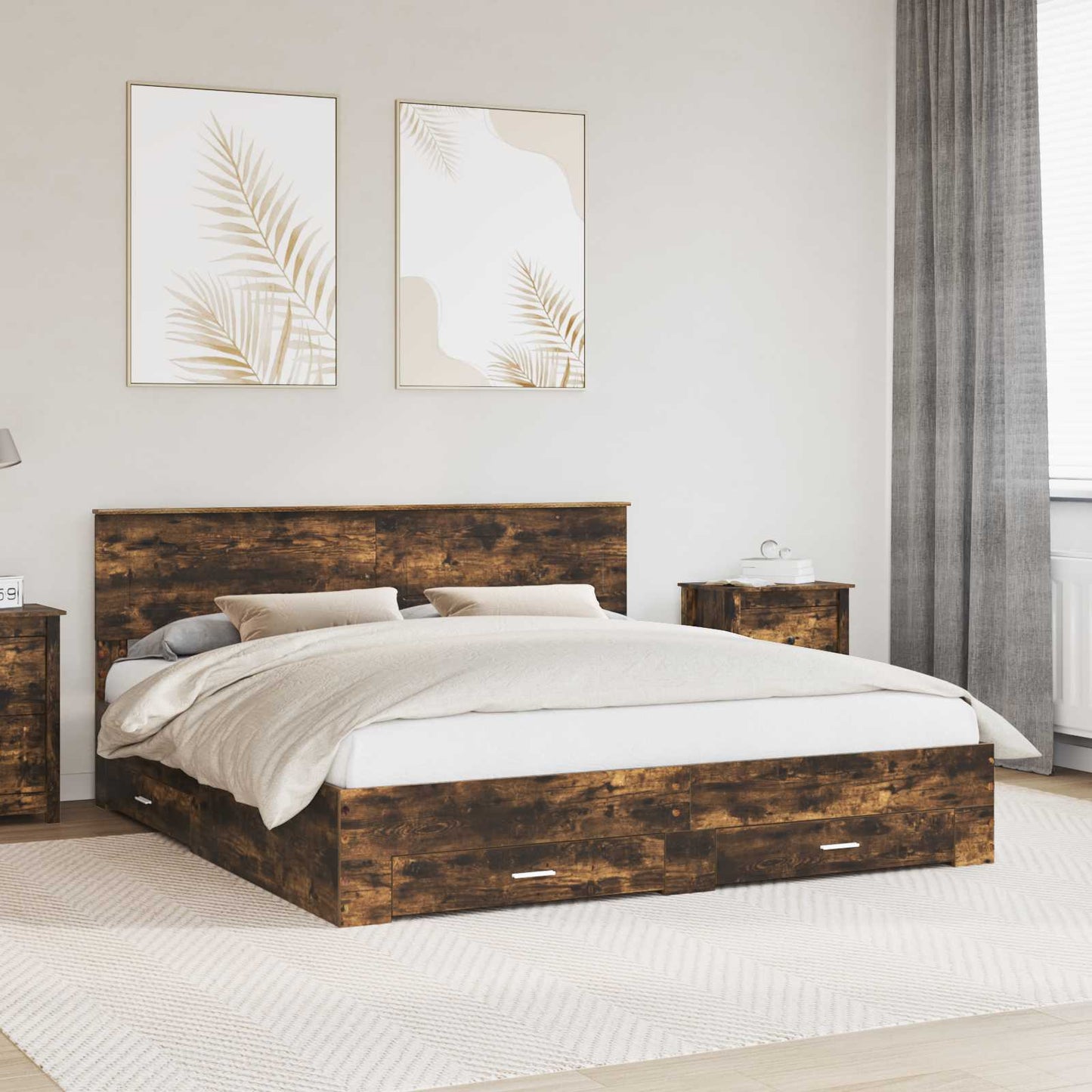 Bed Frame with Drawer Smoked Oak 200 x 200 cm Engineered Wood