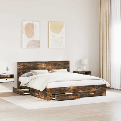 Bed Frame with Drawer Smoked Oak 200 x 200 cm Engineered Wood