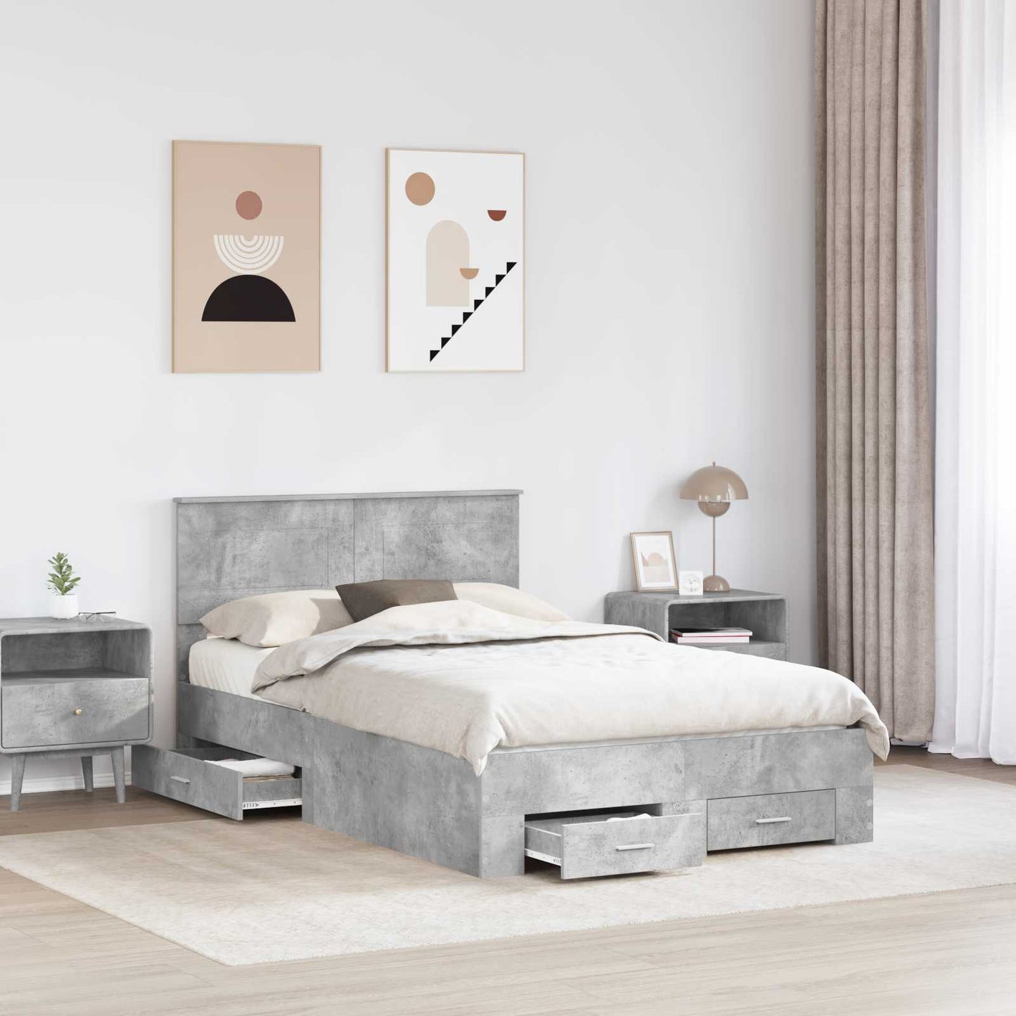 Bed Frame Concrete Grey 135 x 190 cm Engineered Wood