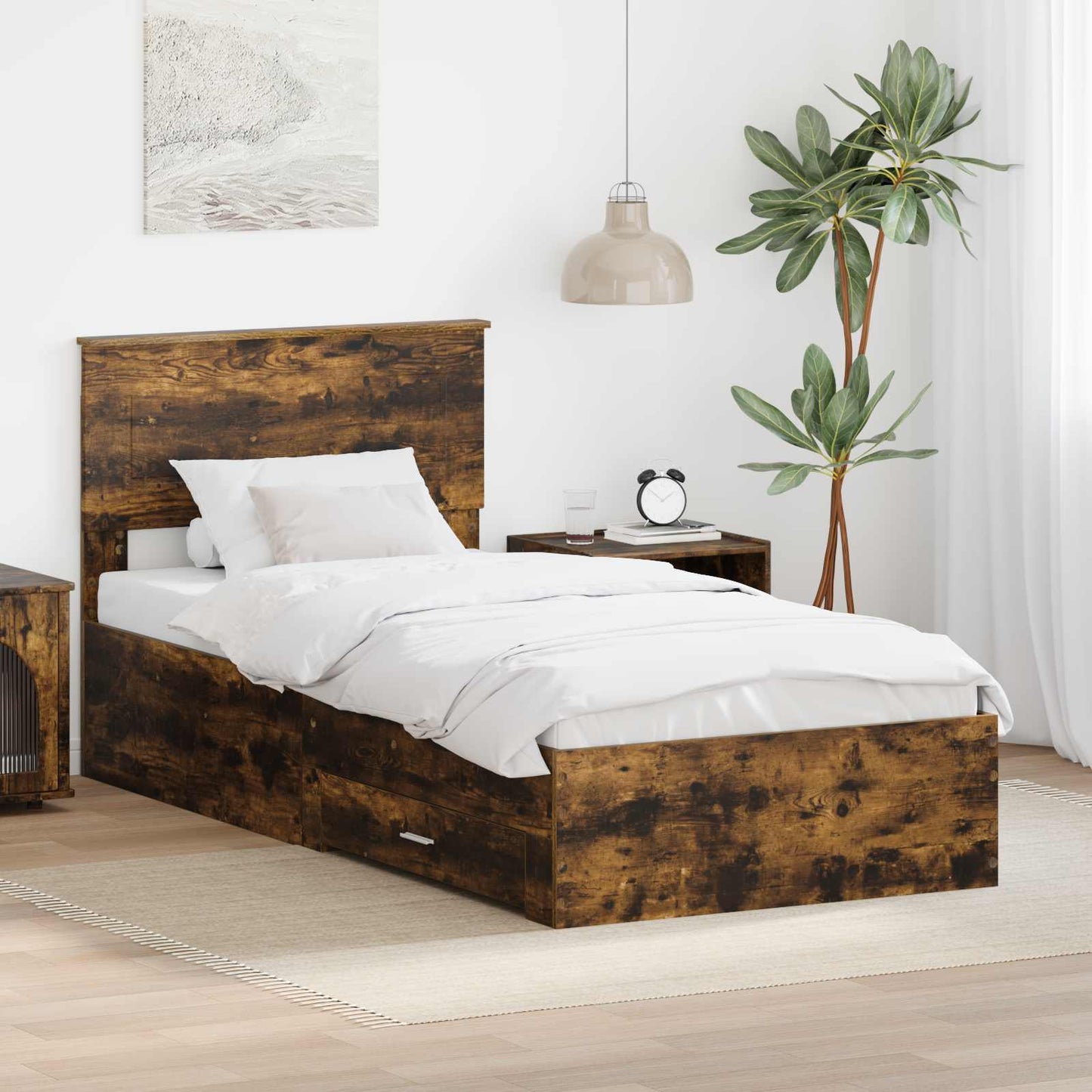 Bed Frame with Drawer Smoked Oak 100 x 200 cm Engineered Wood