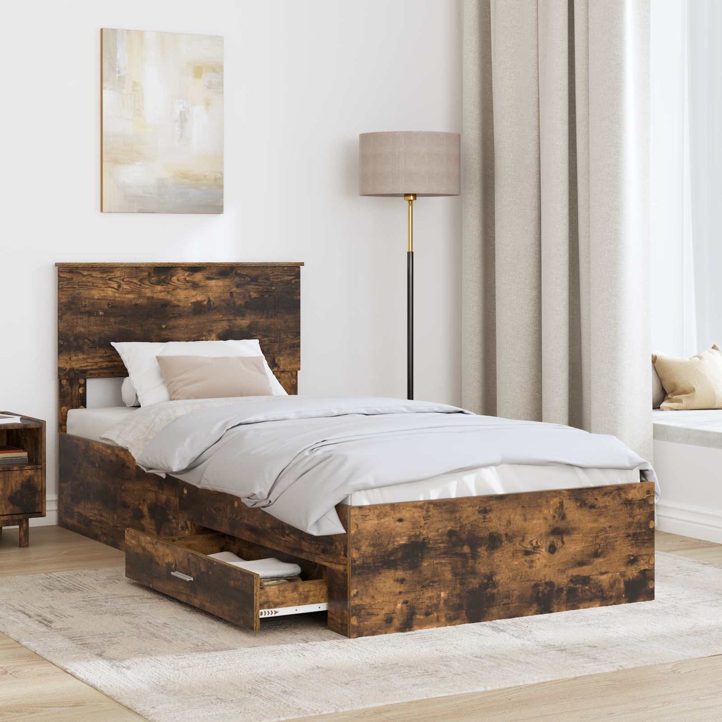 Bed Frame with Drawer Smoked Oak 100 x 200 cm Engineered Wood