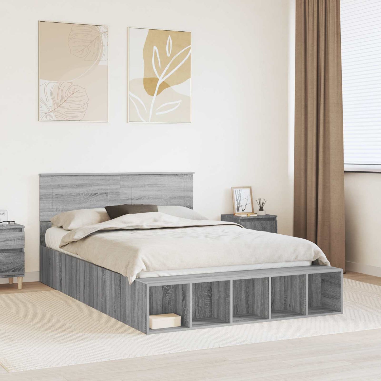 Bed Frame with Shelf Grey Sonoma 150 x 200 cm Engineered Wood