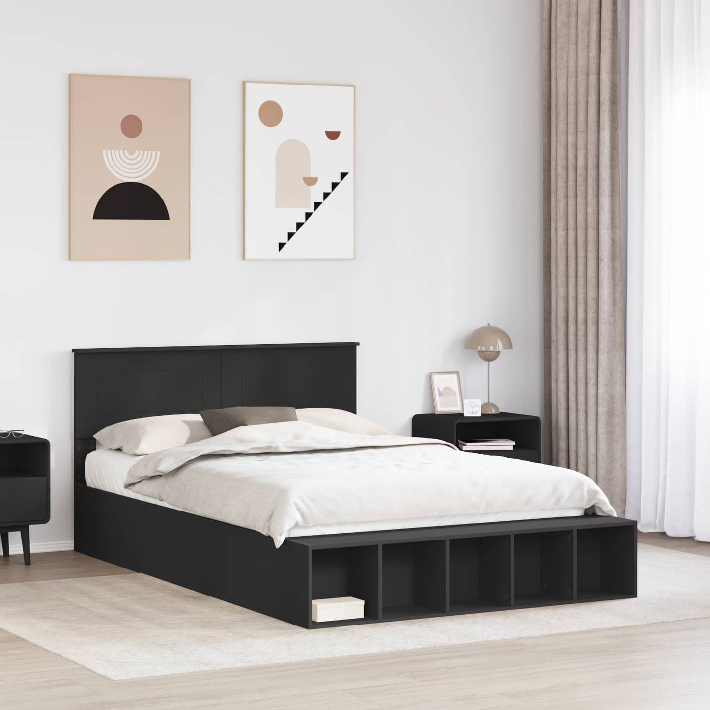 Bed Frame with Shelf Manual Black 140 x 200 cm Engineered Wood