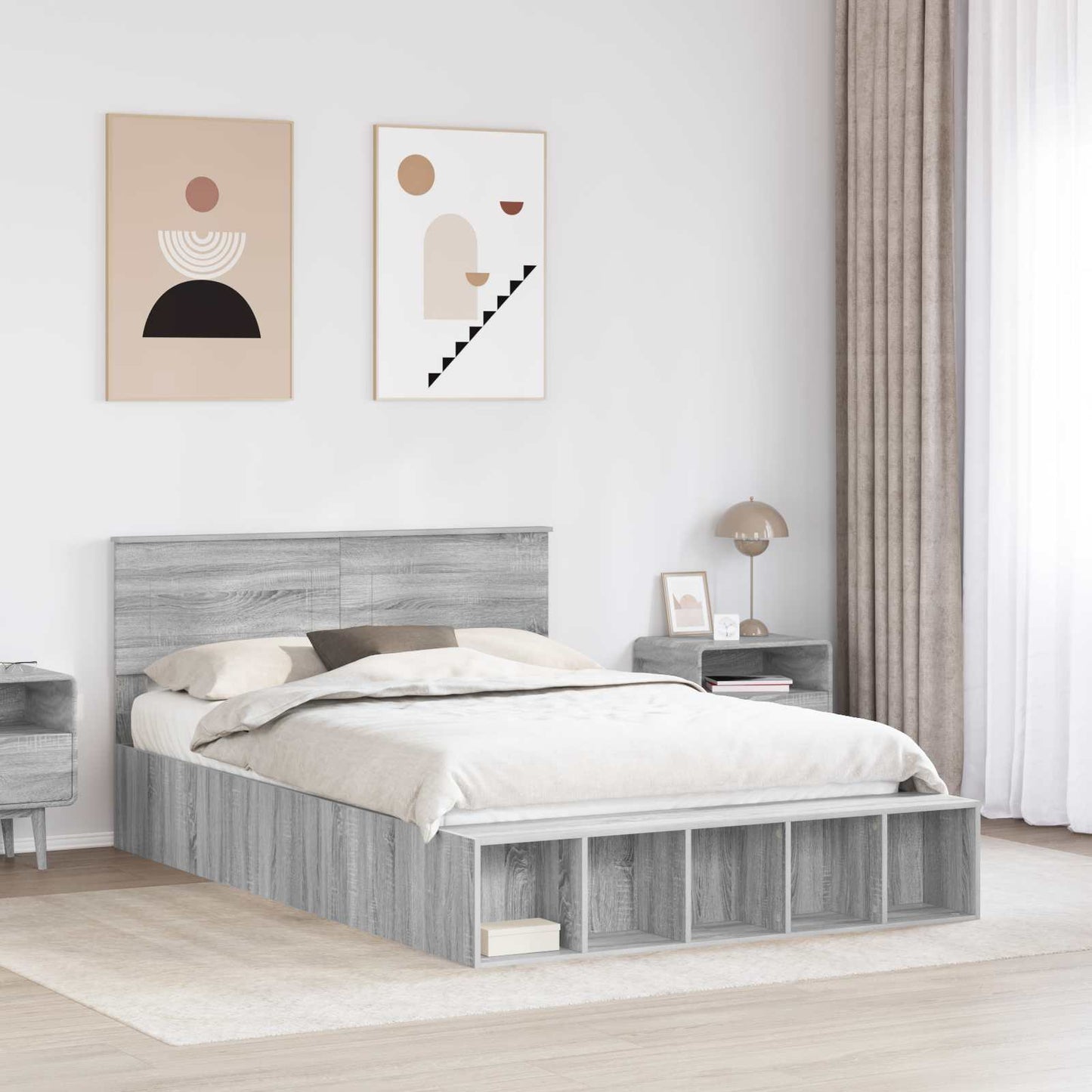 Bed Frame with Shelf Grey Sonoma 140 x 200 cm Engineered Wood