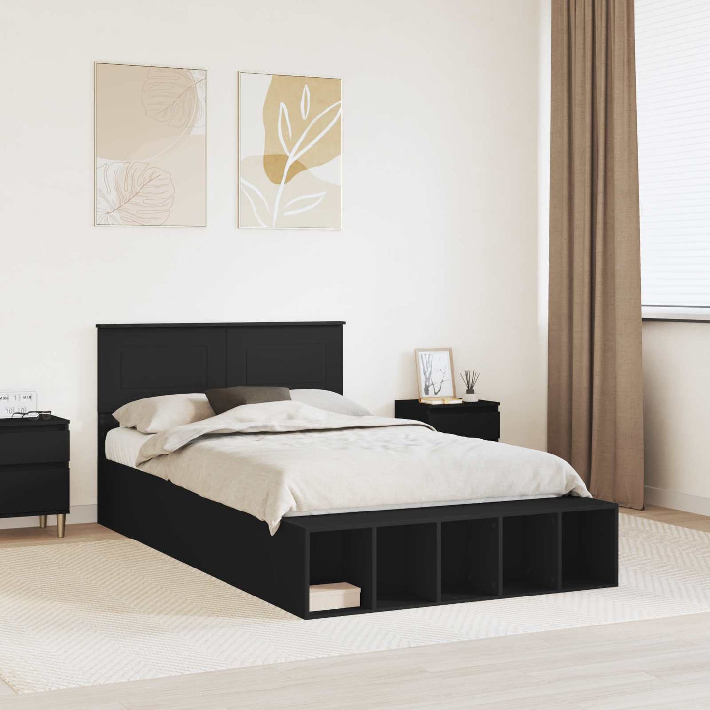 Bed Frame with Shelf Manual Black 135 x 190 cm Engineered Wood