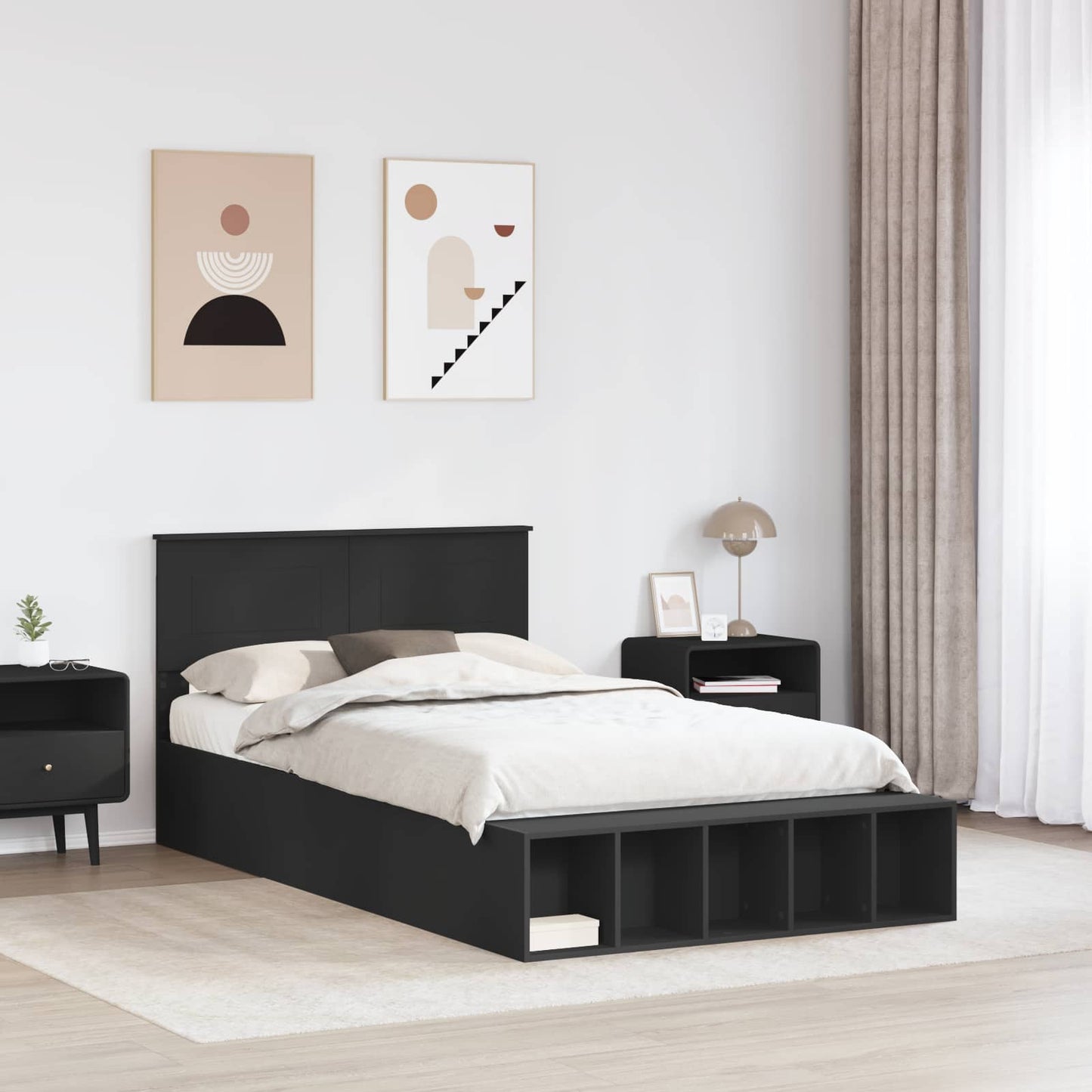 Bed Frame with Shelf Manual Black 135 x 190 cm Engineered Wood