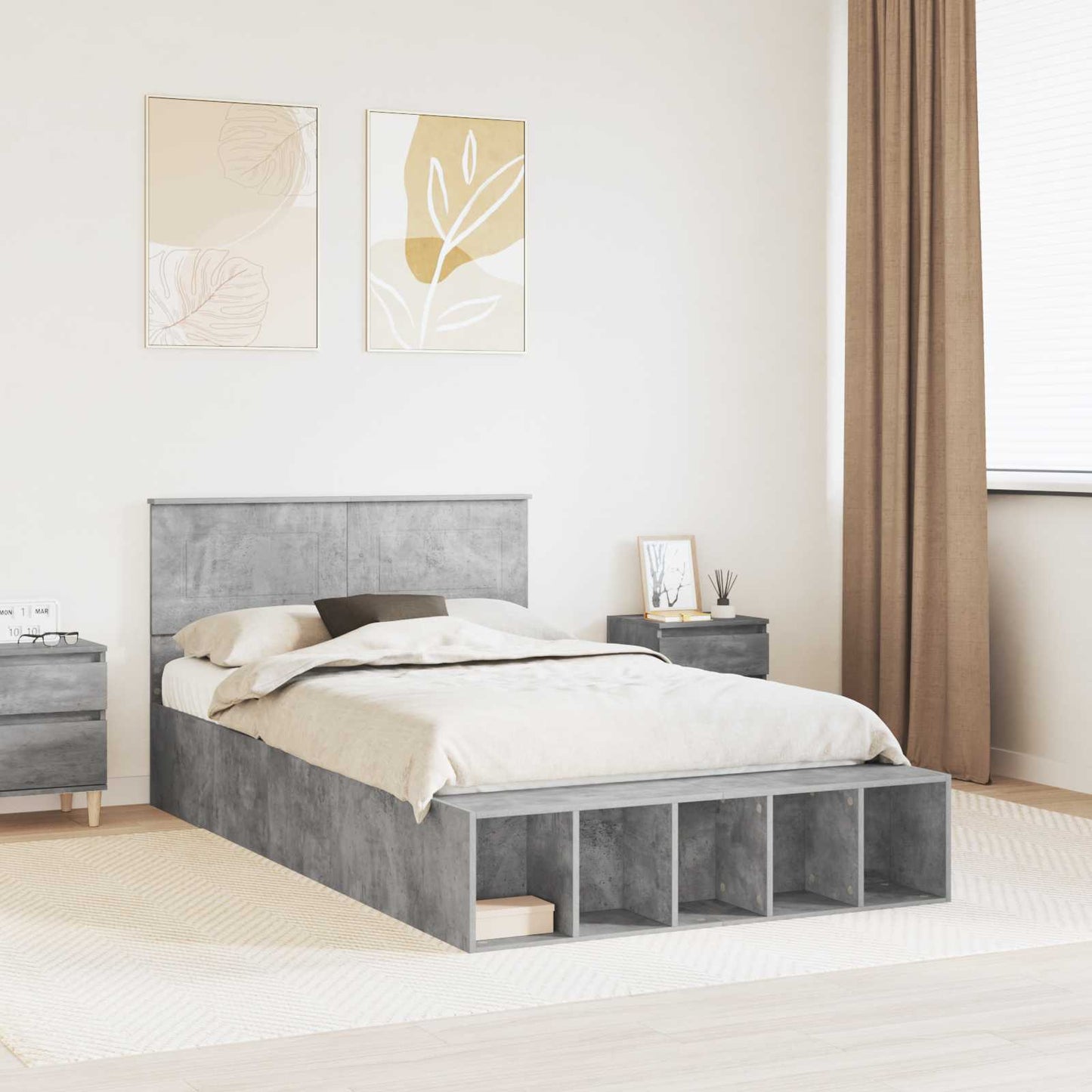 Bed Frame with Shelf Concrete Grey 135 x 190 cm Engineered Wood
