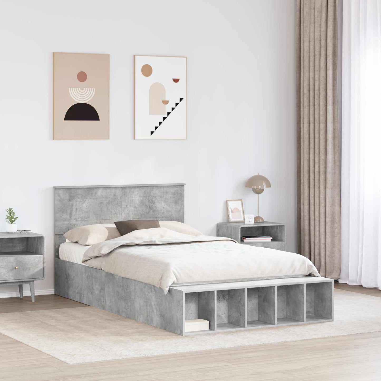 Bed Frame with Shelf Concrete Grey 135 x 190 cm Engineered Wood
