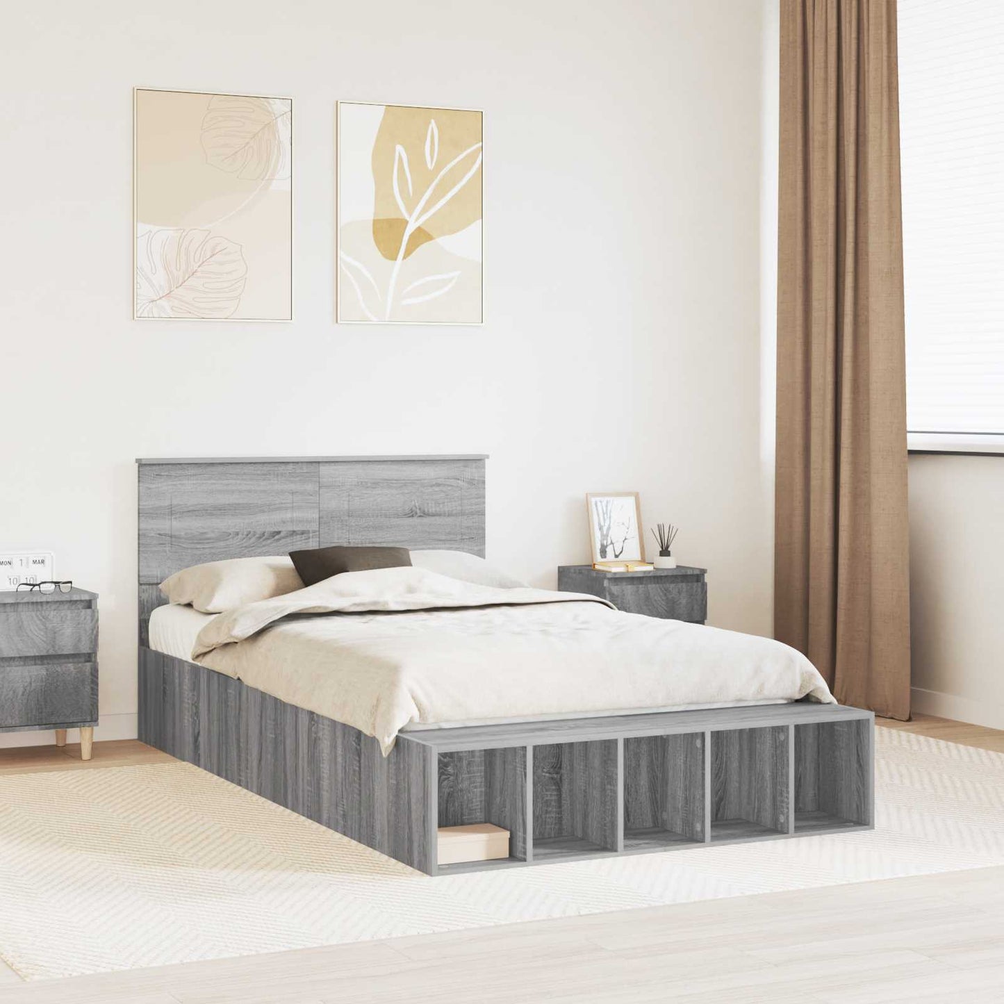 Bed Frame with Shelf Grey Sonoma 135 x 190 cm Engineered Wood