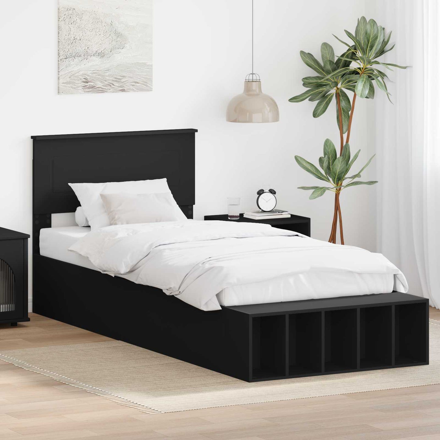 Bed Frame with Shelf Manual Black 90 x 190 cm Engineered Wood