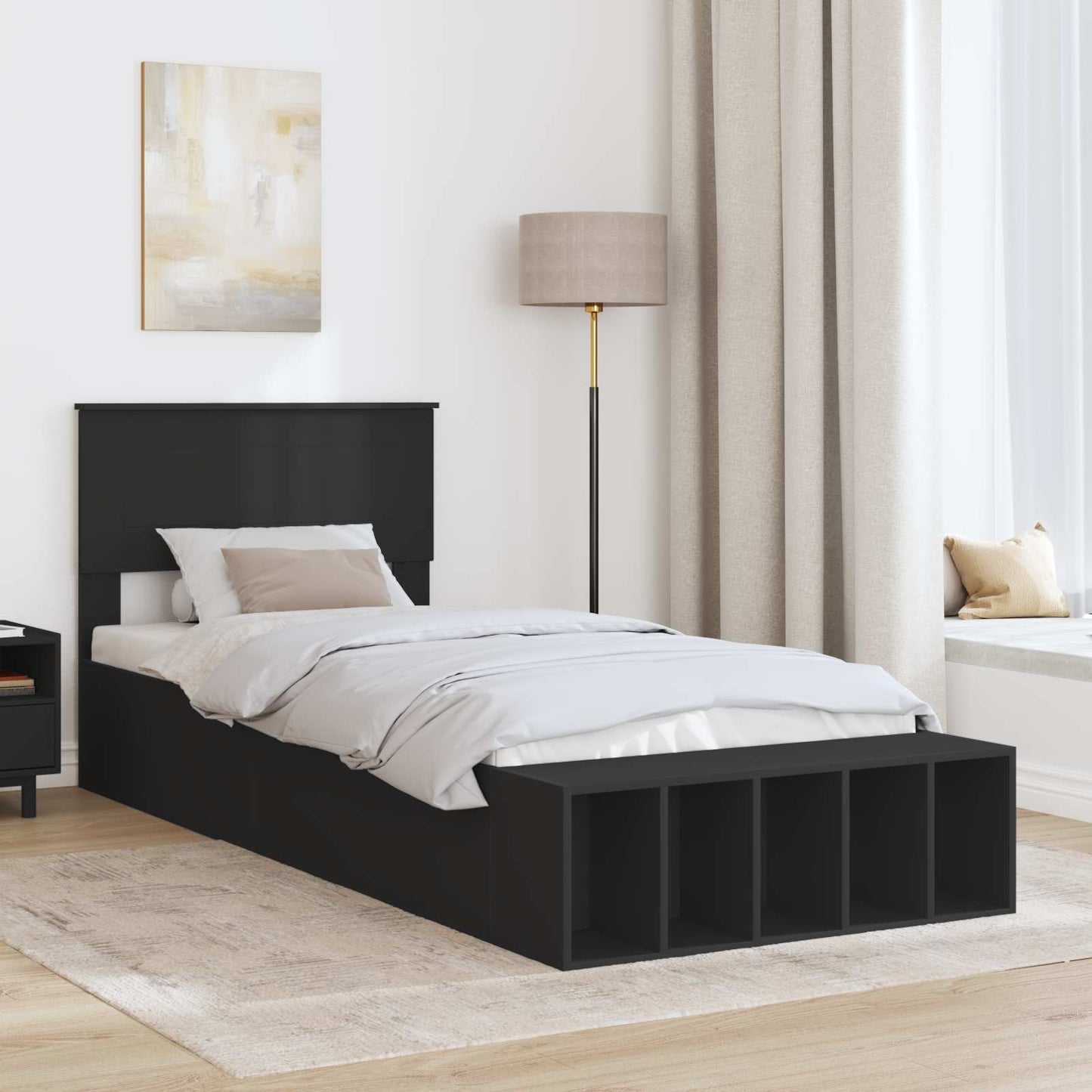 Bed Frame with Shelf Manual Black 75 x 190 cm Engineered Wood