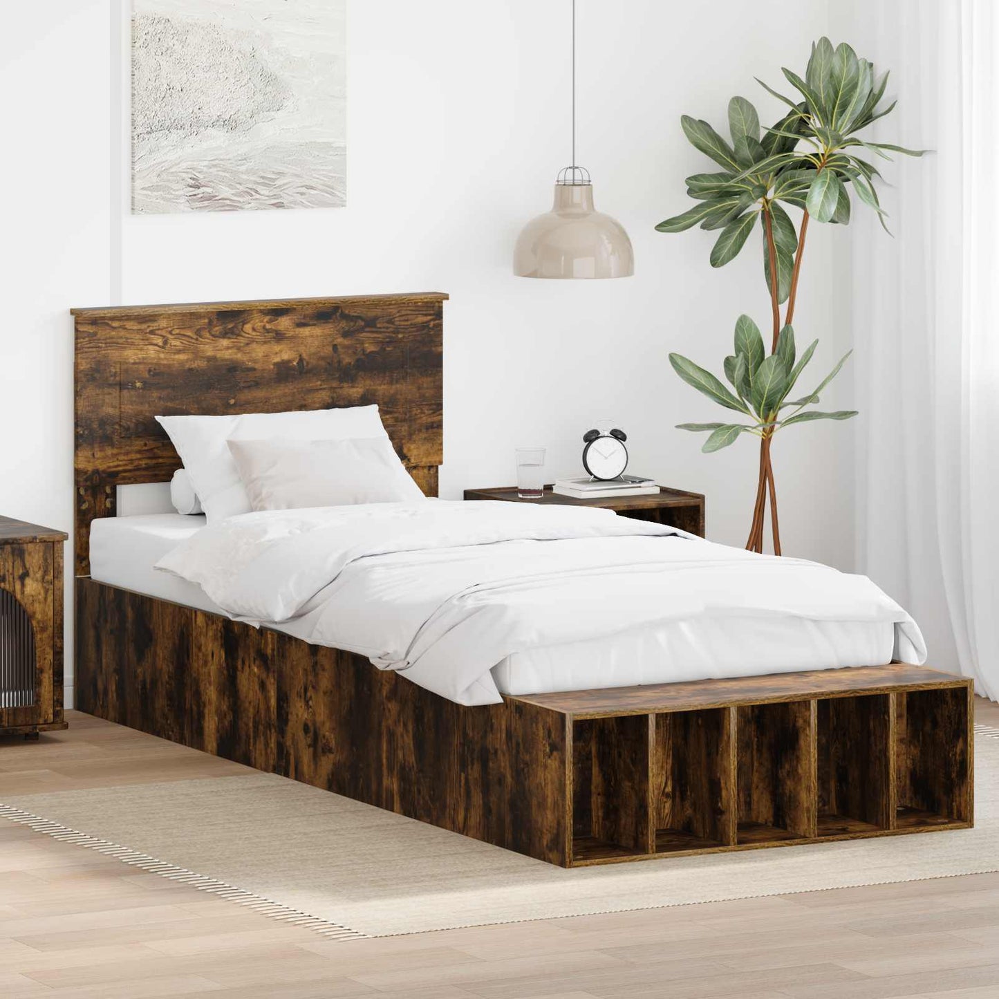 Bed Frame with Shelf Smoked Oak 75 x 190 cm Engineered Wood