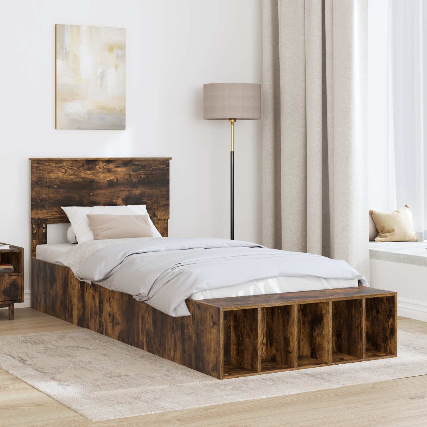 Bed Frame with Shelf Smoked Oak 75 x 190 cm Engineered Wood