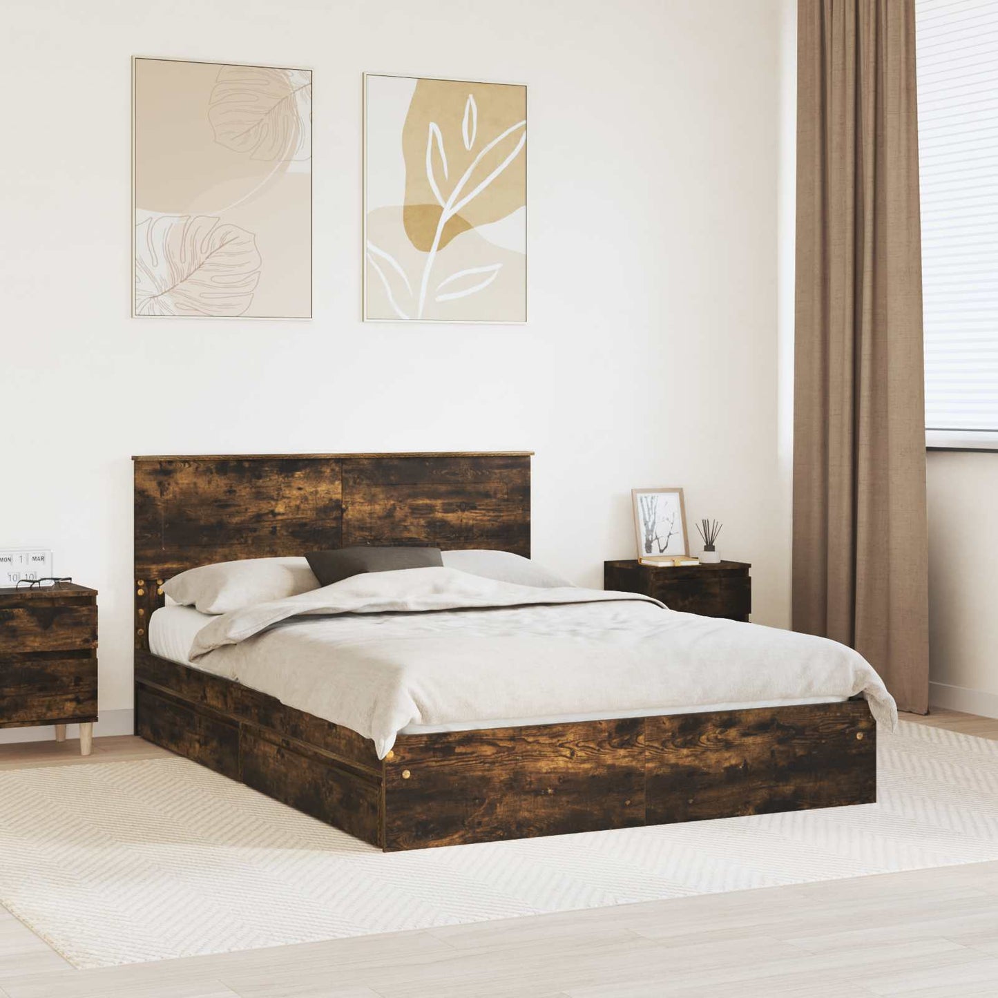Storage Bed with Drawer Smoked Oak 160 x 200 cm Engineered Wood