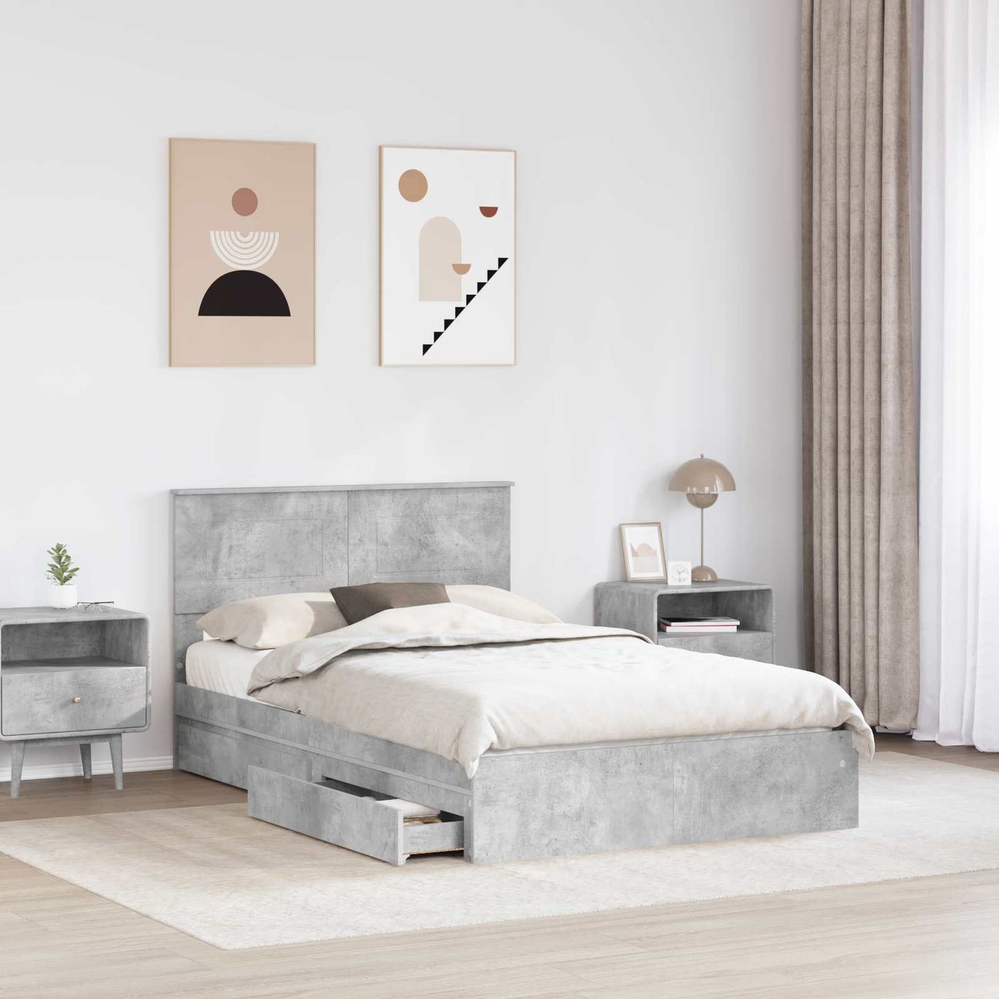 Storage Bed Concrete Grey 135 x 190 cm Engineered Wood