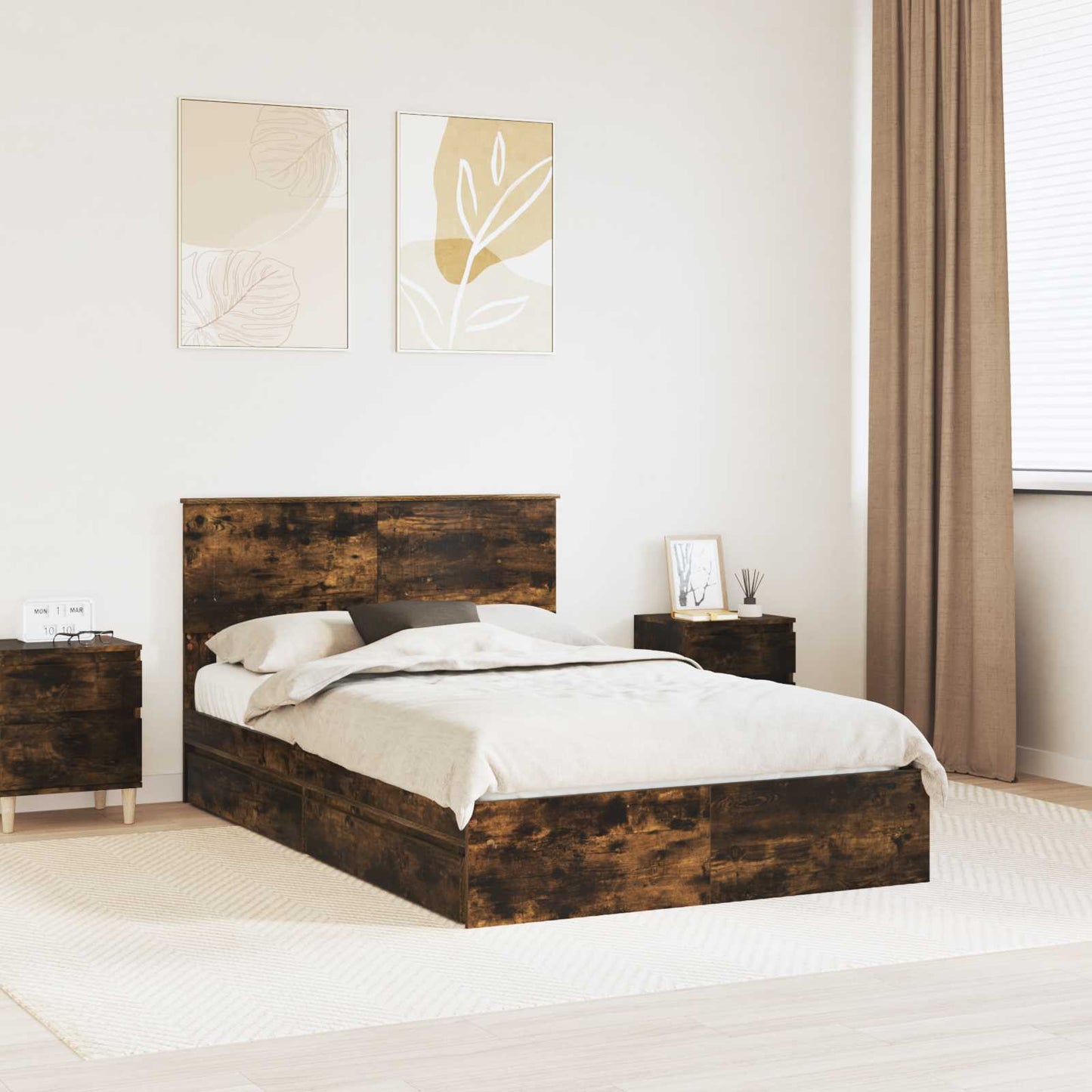 Storage Bed with Drawer Smoked Oak 135 x 190 cm Engineered Wood