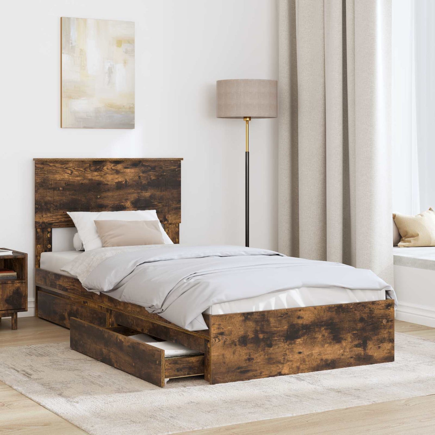 Storage Bed with Drawer Smoked Oak 100 x 200 cm Engineered Wood