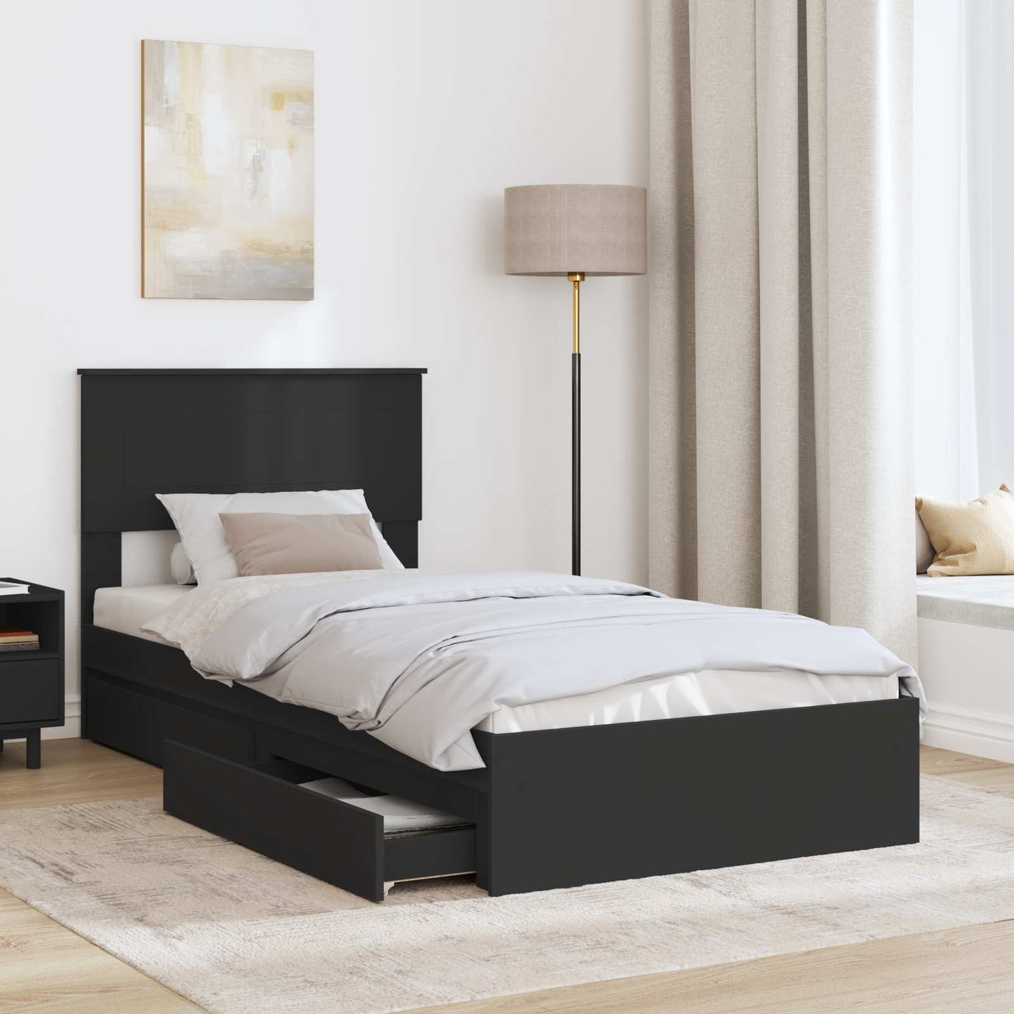 Storage Bed with Headboard Black 75 x 190 cm Engineered Wood