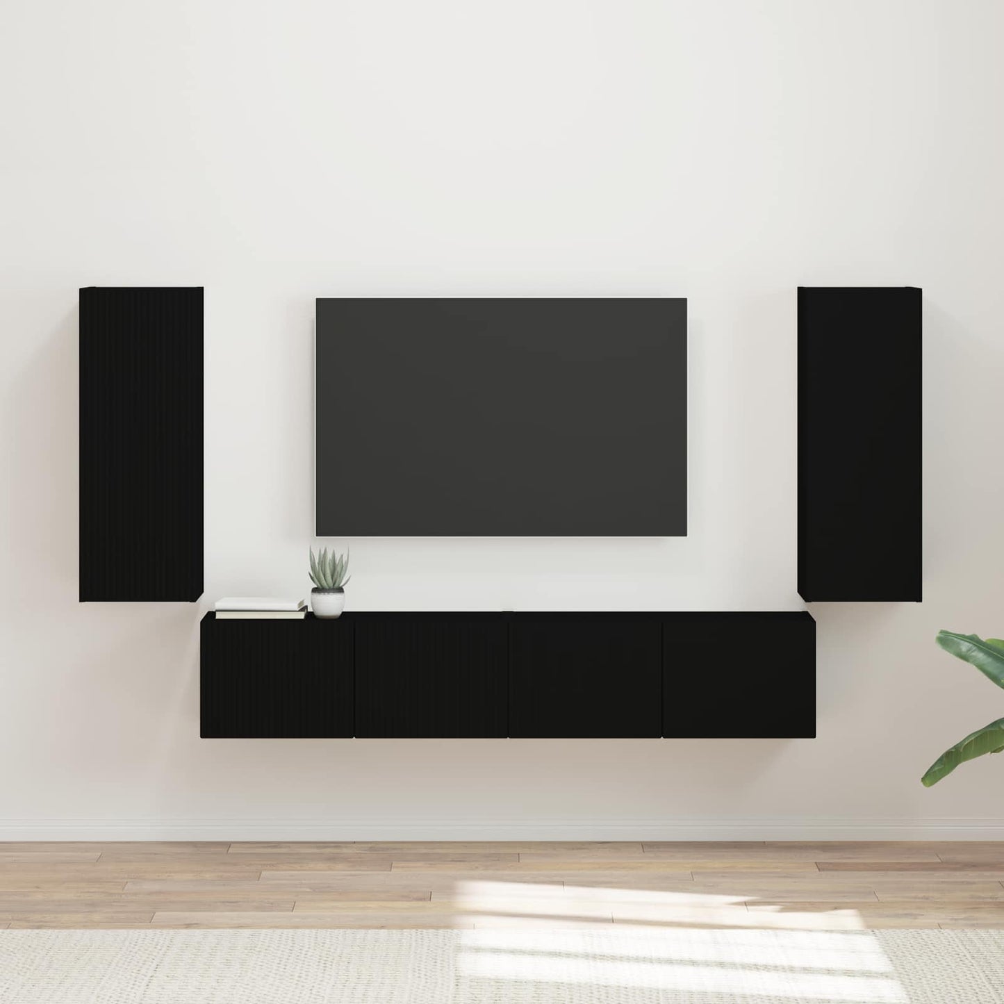 TV Wall Cabinet Set Wall-mounted 4 pcs Black Engineered Wood