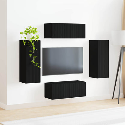 TV Wall Cabinet Set Wall-mounted 4 pcs Black Engineered Wood
