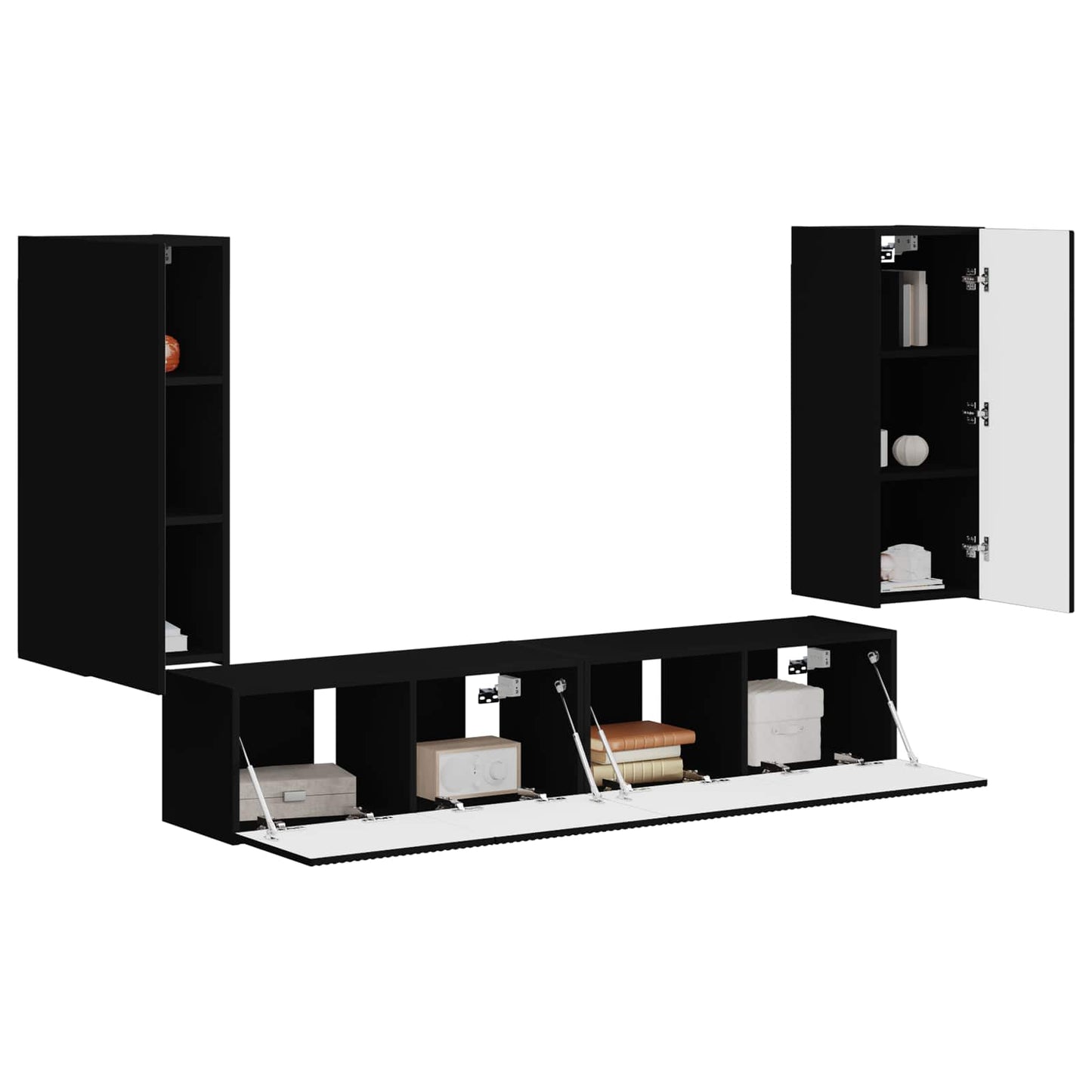 TV Wall Cabinet Set Wall-mounted 4 pcs Black Engineered Wood