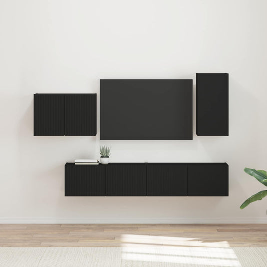 TV Wall Cabinet Set Wall-mounted 4 pcs Black Engineered Wood