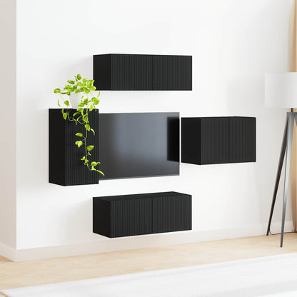 TV Wall Cabinet Set Wall-mounted 4 pcs Black Engineered Wood