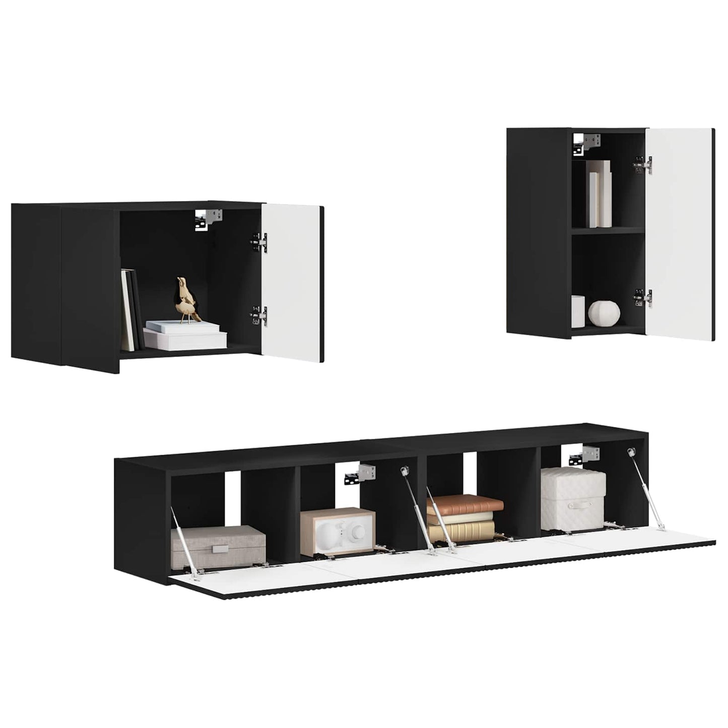 TV Wall Cabinet Set Wall-mounted 4 pcs Black Engineered Wood