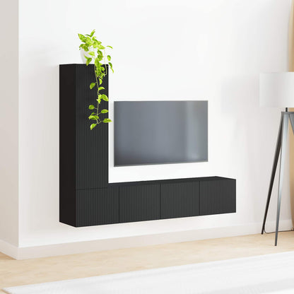 TV Cabinet Set Wall-mounted 3 pcs Black Engineered Wood