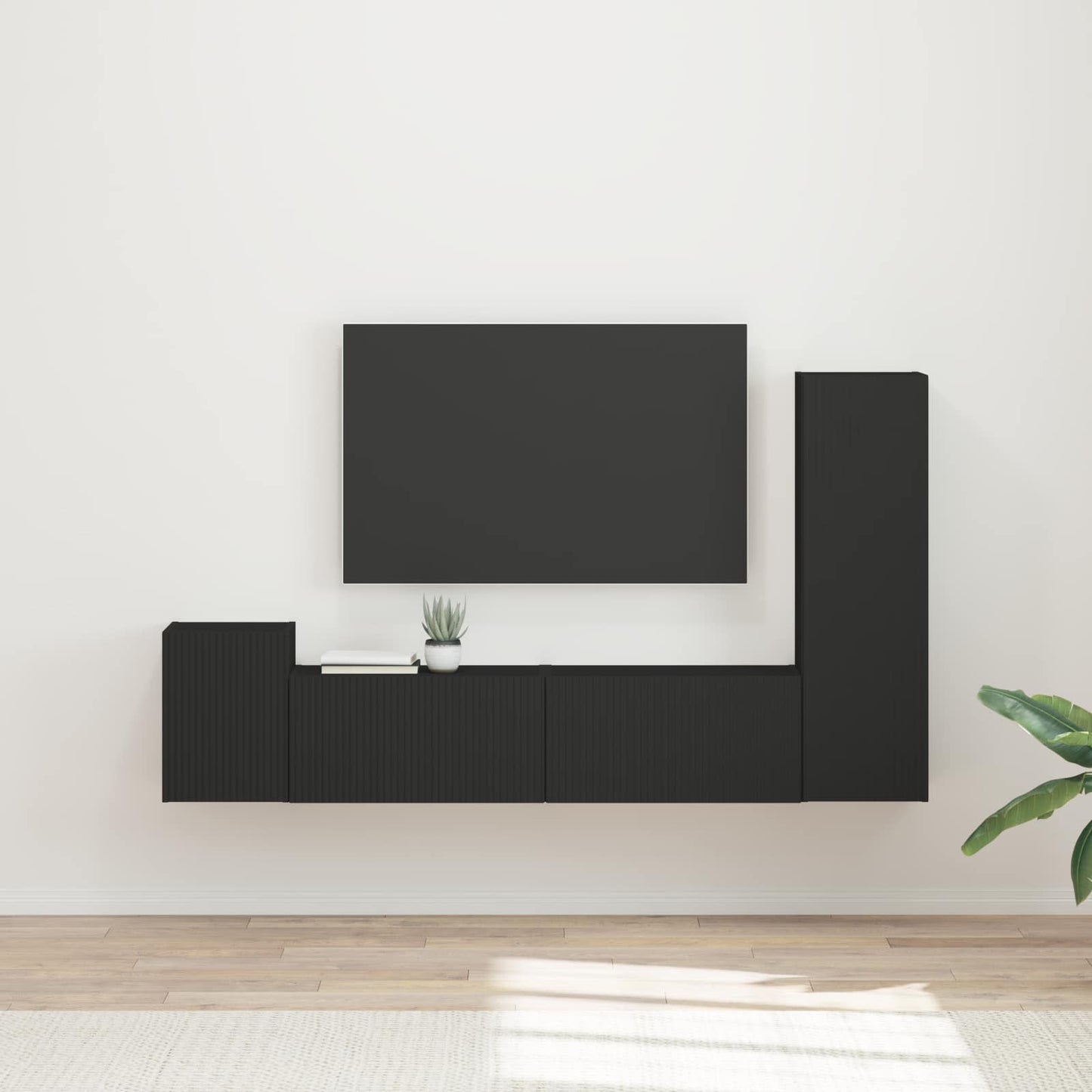 TV Cabinet Set Wall-mounted 4 pcs Black Engineered Wood