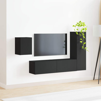 TV Cabinet Set Wall-mounted 4 pcs Black Engineered Wood
