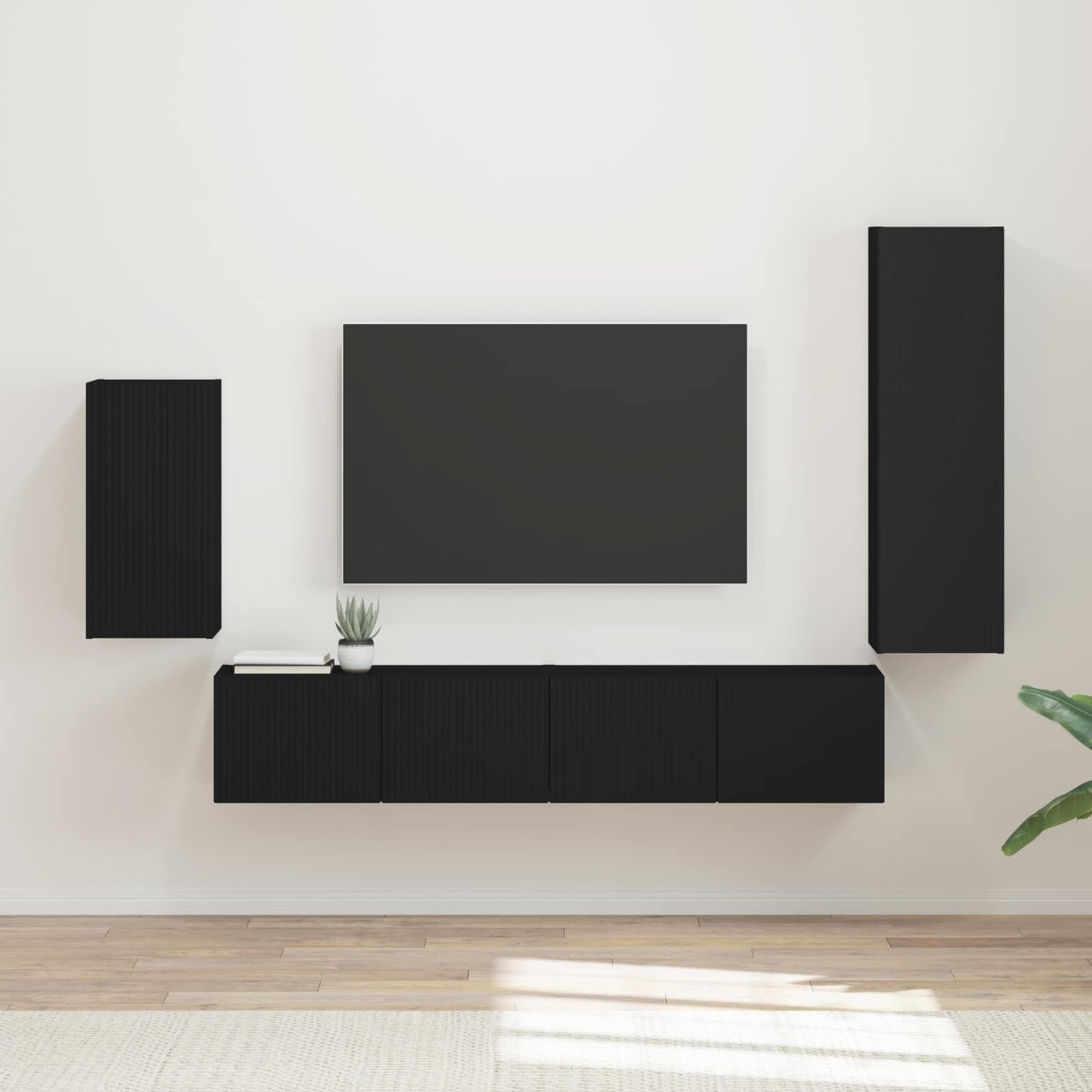 TV Cabinet Set Wall-mounted 4 pcs Black Engineered Wood