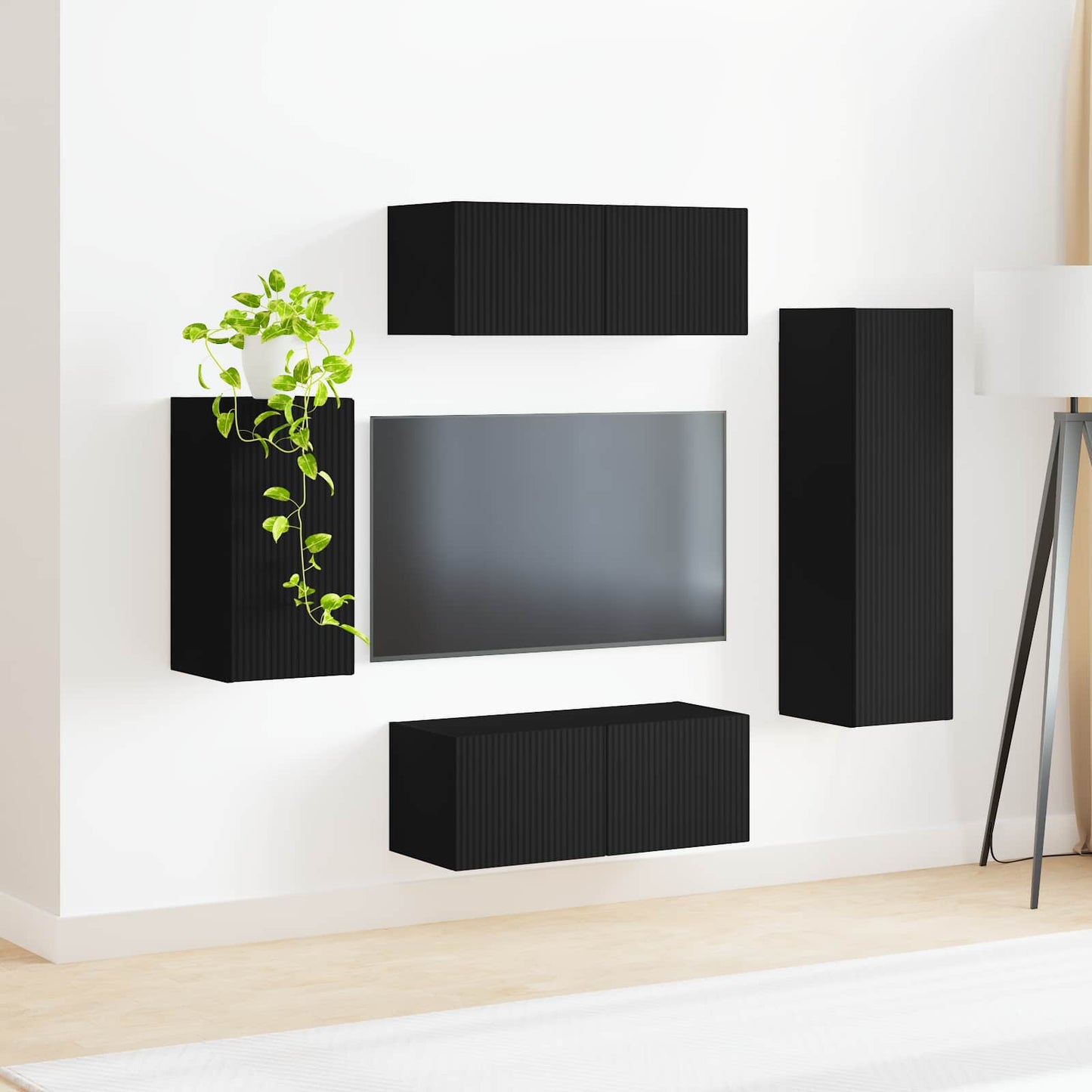 TV Cabinet Set Wall-mounted 4 pcs Black Engineered Wood