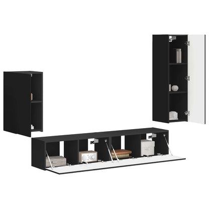 TV Cabinet Set Wall-mounted 4 pcs Black Engineered Wood